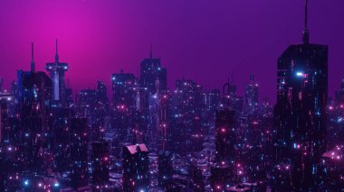 SciFi CityScape Gece Sahnesi Parlayan Neon Kasabası Konsepti Arkaplan 3d