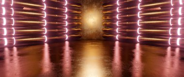 Dış Uzay Metalik Garaj Kulübü Depo Sahne Bodrumu Spotlight Bej Sancak Arkaplan Uzaylı Geleceği Konsepti 3B