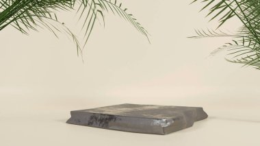 Palmiye yapraklarını bej arka plana yerleştirmek için koyu kaya taşı. Kozmetik ürünler standı. 3B görüntüleme
