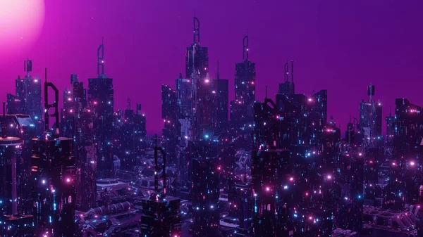 Φόντο Νυχτερινή Πόλη Φωτίζεται Νέον Λαμπερό Φως Φουτουριστικό Cityscape Μπλε — Φωτογραφία Αρχείου