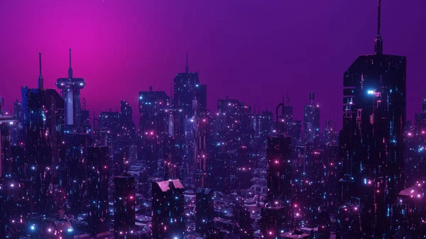 Scifi Cityscape Night Scene Glowing Neon Town Concept Background Render — ストック写真