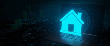 Home real estate dark online hologram laptop 3D Render