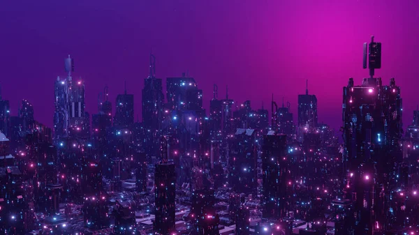 Digital Futurism Concept Glowing Neon Town Wallpaper Background Render — Stok fotoğraf