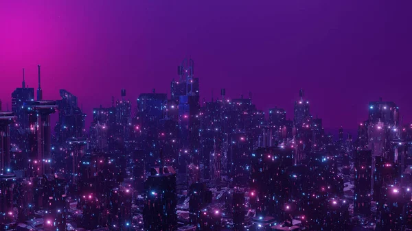 Cyberpunk City Skyline Com Luzes Purple Cyan Blue Neon Cena — Fotografia de Stock