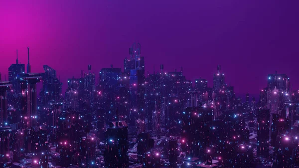 Cyberpunk City Skyline Fioletowymi Niebieskimi Światłami Neonowymi Scena Nocna Render — Zdjęcie stockowe