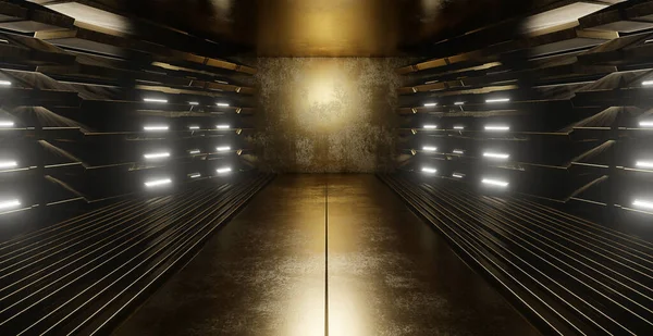 Uzaylı SciFi Metalik Garaj Kulübü Depo Merdivenleri Sahne Işığı Koyu Yeşil Arkaplan SciFi Konsepti 3D