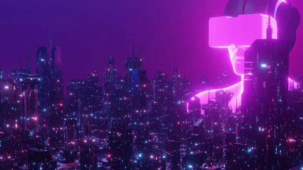 Digitale Gemeinschaft Neon Cyberpunk Blockchain Stadtbild Hintergrund Render — Stockfoto