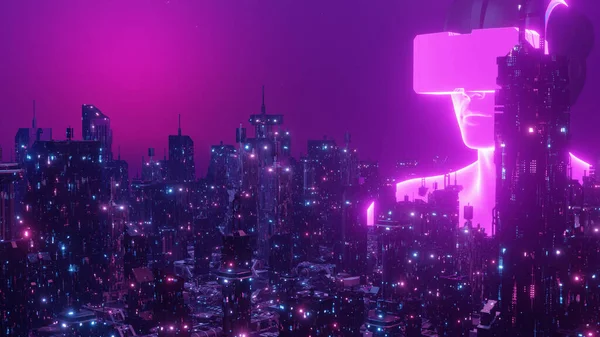 Metaverse Cyber City Dünya Sanal Gerçeklik Teknolojisi Geleceğin Fikri 3D Görüntü