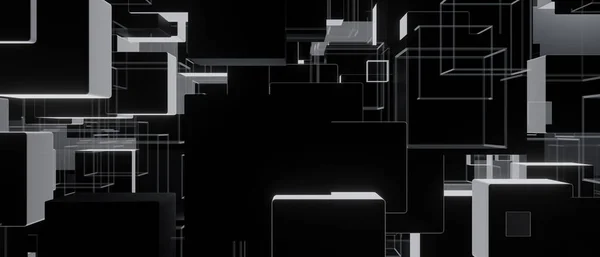 Abstract Network Conveying Connectivity Grey Black Cubes Banner Background Wallpaper — 图库照片