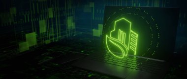 yüksek binalar eko sürdürülebilirlik bayrağı arka plan kopyalama alanı 3B oluşturma