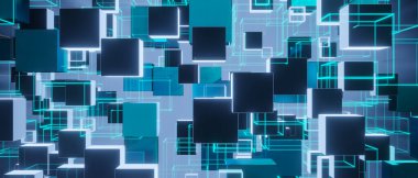 Soyut Teknoloji Karmaşıklığı ve Modern Dijital Çağ Temiz Mavi Turkuaz Afiş Duvar Kağıdı 3D