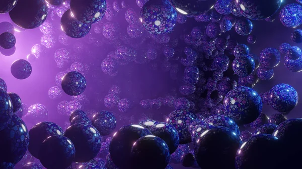 Mor ışık ve kürelerin soyut 3D canlandırması, modern afiş arkaplan tasarımı