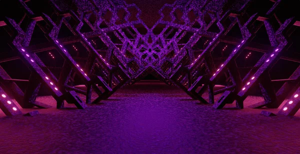 Cyberpunk Alien Hangar Tunnel Futuristic Hallway Cyberpunk Interdimensional Dystopian Deep Grey Background Rendering 3D Illustration
