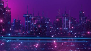 Soyut arkaplan mor neon şebekesi şehir siluetini klasik 3d Render biçiminde oluşturur