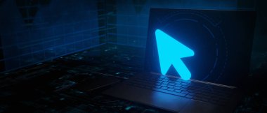 Bir dizüstü bilgisayar faresi okunun üzerinde parlayan imleç simgesi fare işaretçisine tıklayın. İnternet ve Bağlantı Konsepti. 3B Hazırlama