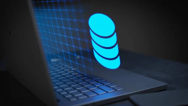 Technologia Serwera Tło Laptop Komputer Wirtualnym Ekranem Świecący Hologram Render — Zdjęcie stockowe