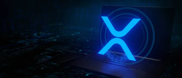 Dalgalanan XRP kripto para birimi teması. Dalgalanma ya da XRP simgesi modern laptop teknolojisi arkaplan 3D Render Illustration