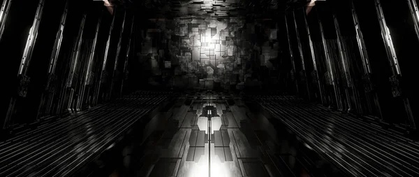 Robotic Scifi Reflective Metal Underground Tunnel Room Lighted Light Grey — Stock fotografie