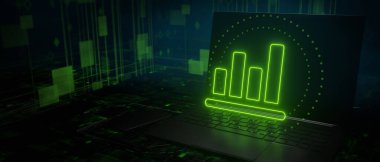 Laptop bar graph. Green graphs laptop screen.3D Render