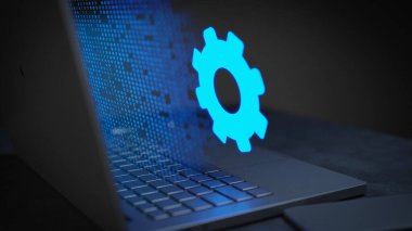 Settings icon concept appearing laptop hologram style 3D Render