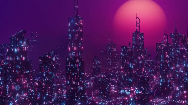 Концепция Будущего Neon Cyberpunk City Banner Background Illustration — стоковое фото
