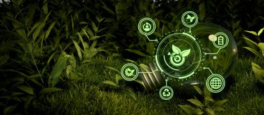 Ecosystem and digital technology concept lightbulb green ecological call to recycle and reuse in the form of a pond with a recycling symbol 3D Illustration