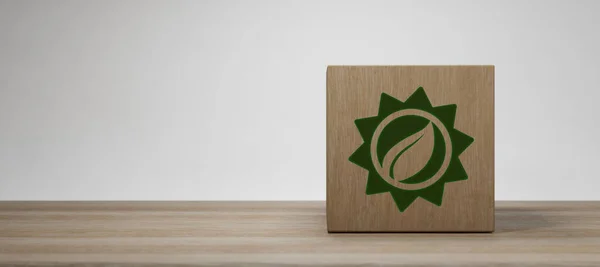 Solar Power Energy Green Eco Sustainability Icon Wooden Block Render — Stock fotografie