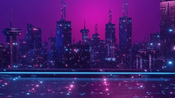 Scifi Cityscape Night Scene Panorama Night City Banner Background Render —  Fotos de Stock