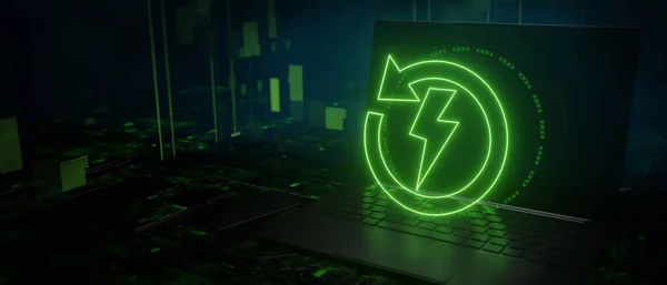 Green arrow glowing on a laptop technology effect background. Concept of Green Eco Energy Saving Tech. 3D Render