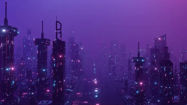 Metaverse Virtual Reality Panorama Night City Banner Background Render — ストック写真