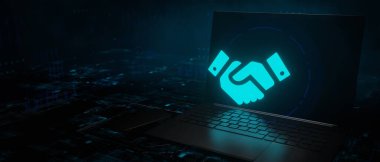 Handshake laptop digital technology, internet communication, teamwork,concept 3D Render