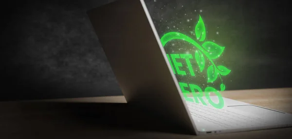 Net Zero leaf icon glowing like a hologram in laptop 3D Render