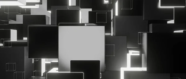 Abstract Dark Cubes Futuristic Design Banner Background with Lights