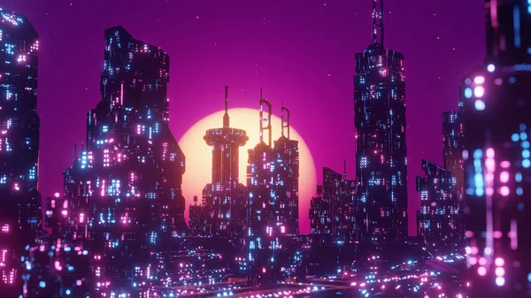 Futuristic City Scene Panorama Night City Wallpaper Background Illustration — Stockfoto