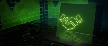 Online business concept digital technology handshake glowing hologram laptop 3D Render