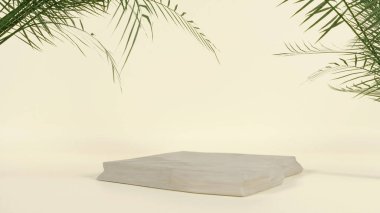 Abstract Empty Podium for packaging and green palm leaf on beige color background beige presentation and cosmetic, minimalist Mockup for product display or showcase,3D rendering