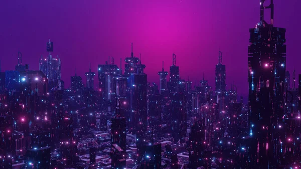 Downtown District Neon Skyscraper Cyber Punk City Concept Background 3d Illustration
