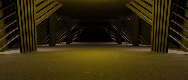 Minimal Scifi Futuristic Warehouse Hangar Spaceship Realistic Showroom Steel Metal Frame Corridor Tunnel Dark Underground Basement Scifi Digital Brown Background Wallpaper 3D Illustration