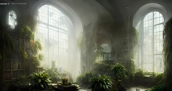 Room Filled Plants Overgrown Plants Leaves Digital Illustration Concept Art — 스톡 사진