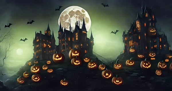 Crazy Halloween Castle Graveyard Scene Haunting Nightmare Hallowen Background Digital — Stock Photo, Image