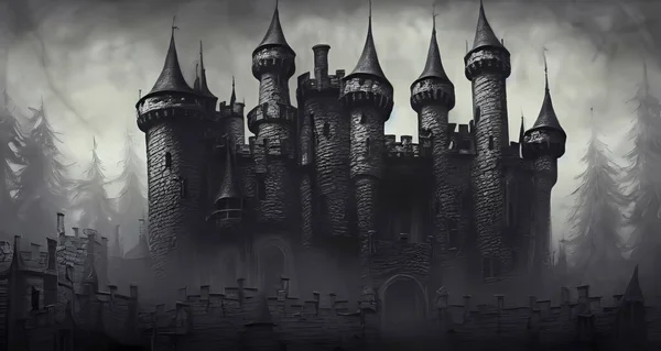 Scary dark castle with foggy misty atmosphere.Fantasy concept art,book illustration. Video game art scene. Digital art, CG artwork background wallpaper