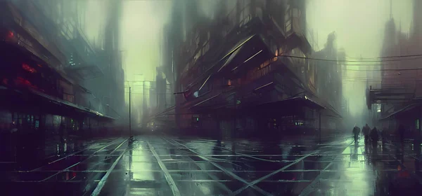 Cyberpunk streets illustration, futuristic, dystopian. Rain misty, moody future.Digital art painting for book illustration,background wallpaper, concept art.