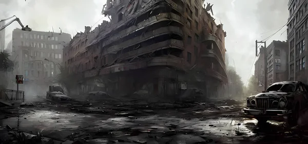 Ruins War Destroyed Buildings Streets Digital Art Painting Book Illustration — Photo
