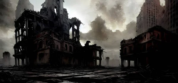 Post Apocalypse, Ruins of a city. Apocalyptic landscapeDigital art painting for book illustration,background wallpaper, concept art.