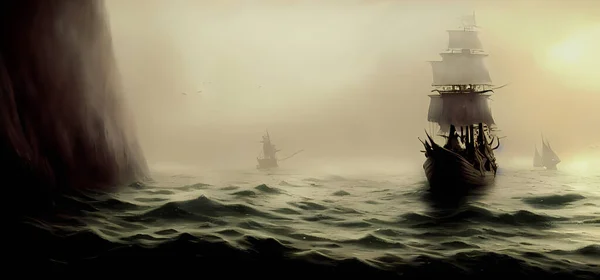 Pirate ship at sea. Digital painting for book illustration,background wallpaper, concept art.