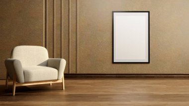 Empty Wall In Scandinavian Style Interior With Armchair And Portrait Wall Frame. Minimalist Interior Design. 3D Illustration.