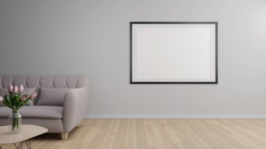 Cozy Modern Minimalist Room Interior Design Concept, Smooth Texture Background With Blank Wall Frame, Grey Sofa With Tulips On The Center Table, Light Color Wooden Floor 3D Render