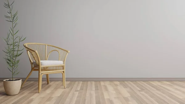 3D Illustration Of Neutral Wall With Abstract Painting Background. Elegant Home Living Room Interior Design With Comfortable Lounge Rattan Chair