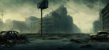 Ruined cityscape destroyed buildings. Digital art painting for book illustration,background wallpaper, concept art.