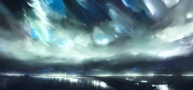 Abstract milky way over the sea.Digital art painting book illustration,background wallpaper, concept art.